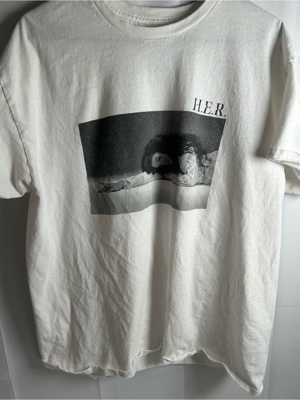 White Graphic Home Art Poster-Style Print Tee shirt of H.E.R.